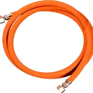 LPG Rubber Hose Pipe with 2 Brass Nuts & Clamp Fitting – 150 cm, Steel Wire Reinforced, Orange