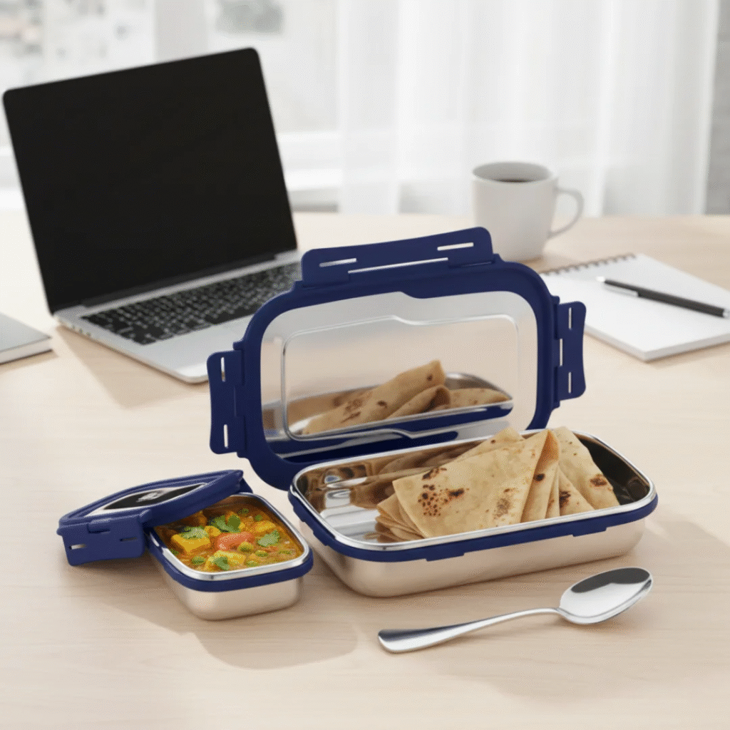 Stainless Steel Airtight Lunch Box with Mini Container – 1100 ml, 2 Compartments, Leak-Proof, Navy Blue
