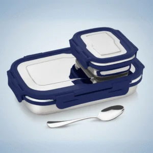 Stainless Steel Airtight Lunch Box with Mini Container – 1100 ml, 2 Compartments, Leak-Proof, Navy Blue
