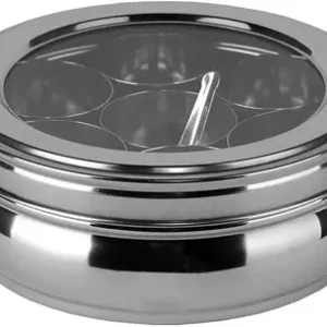 Stainless Steel Spice Set – Airtight Masala Dabba with Spoon & 7 Inner Containers (1500 ml, Round)