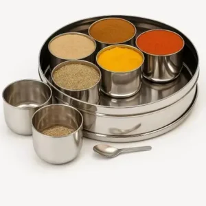 Stainless Steel Spice Set – Airtight Masala Dabba with Spoon & 7 Inner Containers (1500 ml, Round)