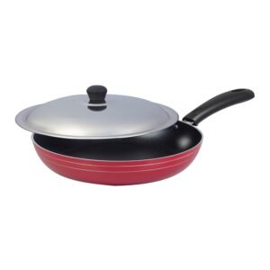 Aluminium Non-Stick Saute Pan with Lid, Spatula & Scrubber – 23.5 cm Red Cookware for Everyday Use