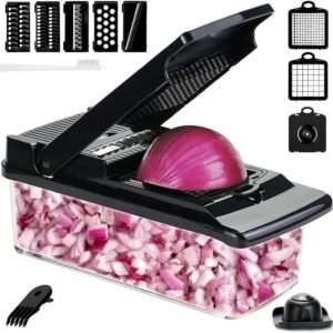 12-in-1 Multi-Functional Vegetable Chopper, Slicer & Dicer with Stainless Steel Blades and Storage Container