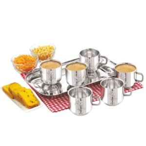 Elegant Double Wall Stainless Steel Tray Cup Set – 6 Pieces (100ml Each) with Laser Print Design, Heat-Proof Drinkware
