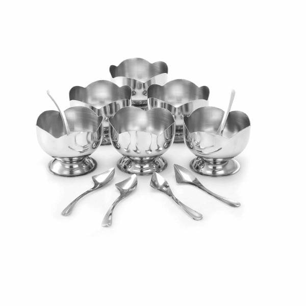 Stainless Steel Ice Cream Cup & Spoon Set – 6 Pcs Dessert Bowl Set (6 Cups + 6 Spoons)