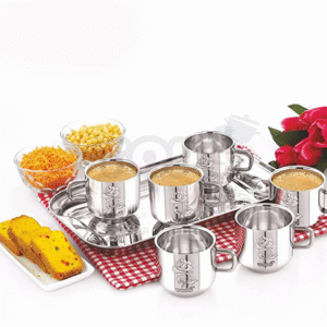 Elegant Double Wall Stainless Steel Tray Cup Set – 6 Pieces (100ml Each) with Laser Print Design, Heat-Proof Drinkware