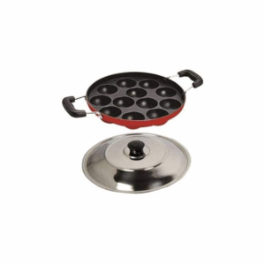 Non-Stick Appam Patra with Lid – 12 Cavities Appam Pan, Paniyaram Maker & Pancake Pan (Red, Aluminium)