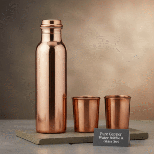 Copper Charge Bottle Set 1000ml, Pure Copper Water Bottle & Glass Set, Boosts Immunity, Supports Digestion, BPA Free & Leak Proof