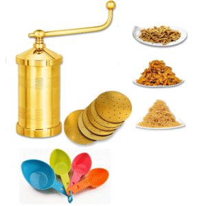 Classic Brass Sev Sancha Machine with 6 Jali Discs for Sev, Chakli, Murukku & Idiyappam – Heavy Duty Brass Snack Maker