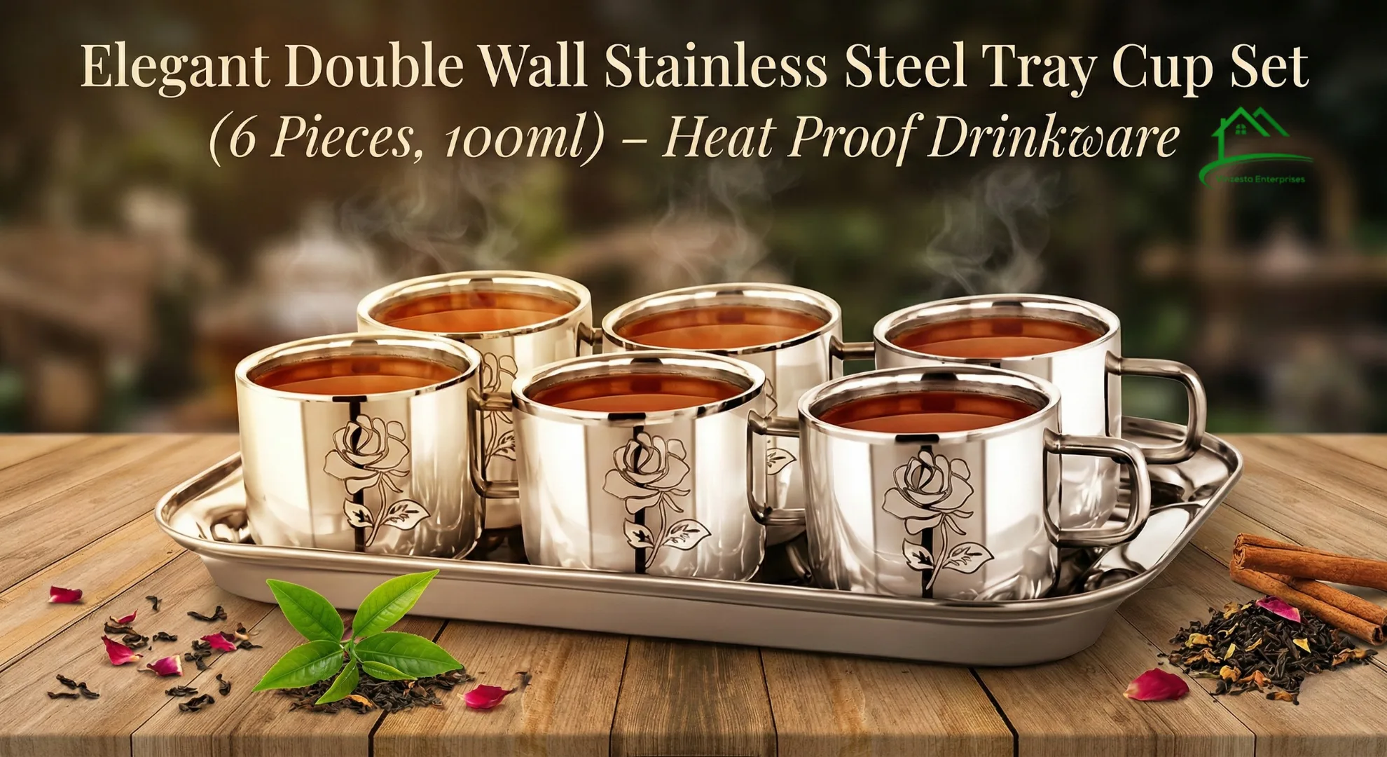 Elegant Double Wall Stainless Steel Tray Cup Set (6 Pieces, 100ml) – Heat Proof Drinkware