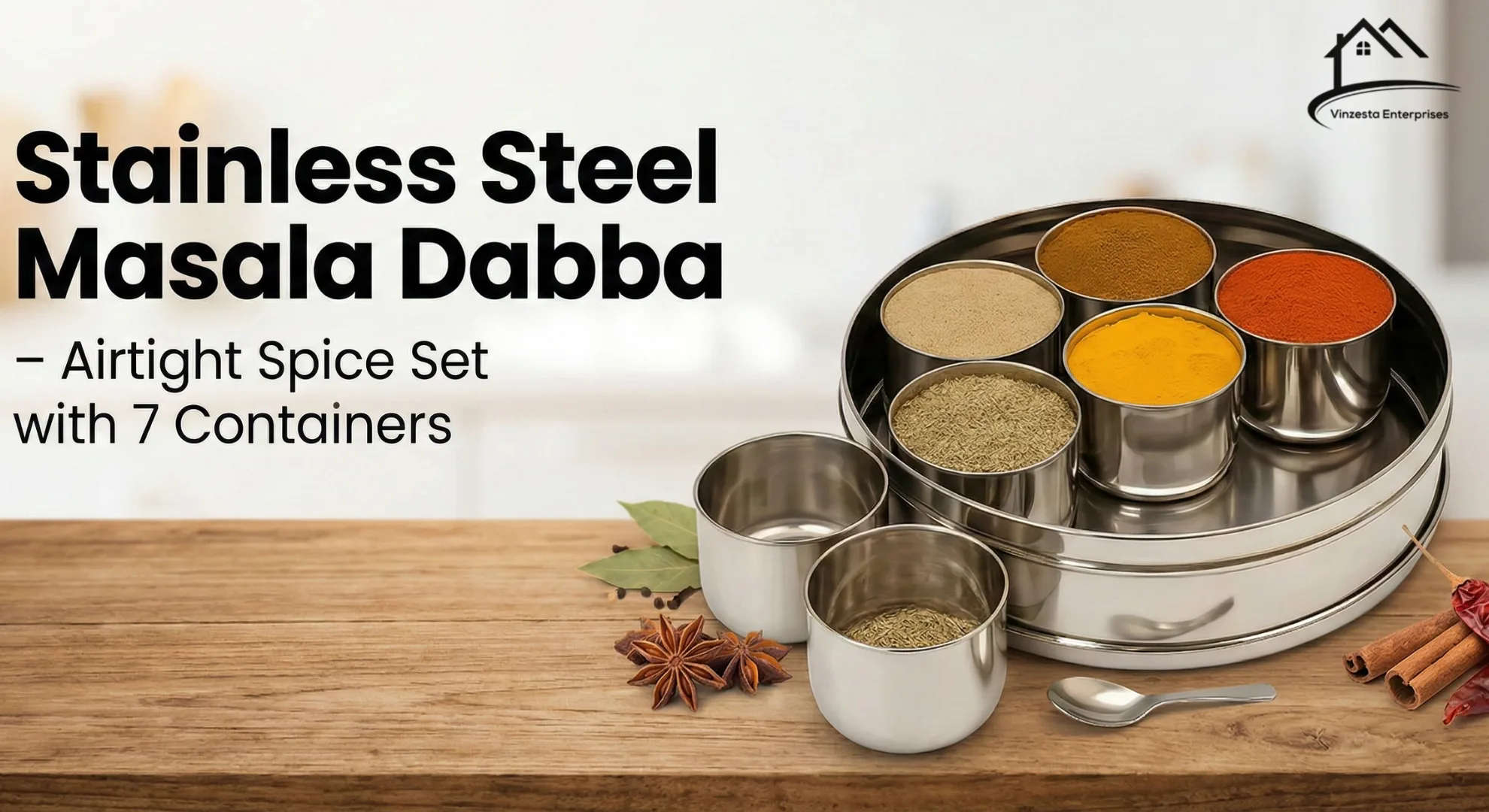 Stainless Steel Masala Dabba – Airtight Spice Set with 7 Containers (1500ml)